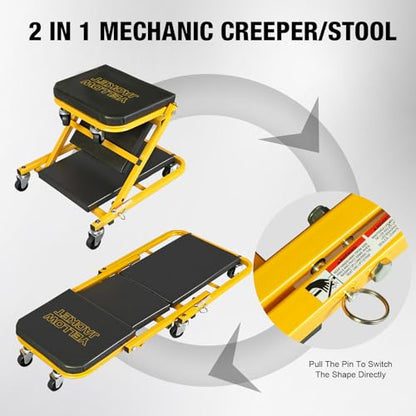 YELLOW JACKET Garage Creeper Seat, 2-in-1 Mechanic Creeper, 36 Inches Foldable Z Garage Seat with 6 PCS Wheels, 330 LBS Capacity Rolling Automotive Creeper Lay Down or Sit for Shop, Auto Repair