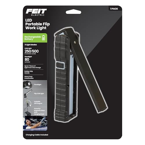Feit Electric Compact Handheld LED Work Light Flashlight with 250/500 Lumens Ultra Bright, Magnetic Base, Hanging Hook, 6500K Daylight, Foldable and Rechargeable Handheld Flood Light - WORK500BAT - size: 13 inches