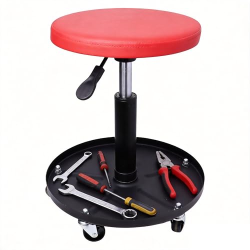 Mechanic Stool with Wheels,Rolling Pneumatic Garage Shop Seat | Garage shop roller seats,Adjustable Height Roller Mechanics Chair with Tool Tray for Workshop Auto Repair - color: Red