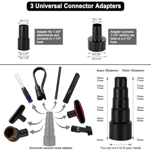 14 Pcs Universal 1 1/4 Inch Vacuum Attachments Kit for Shop Vac Accessories with 17.8 Inch Extension Wand Hair Brush Flexible Crevice Tool, Hose Adapters for 2 1/2" to 1 1/4" and 1 7/8" to 1" Hoses