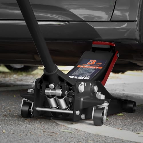 Magshion 3 Ton Low Profile Hydraulic Floor Jack, Black | Dual Piston Trolley Jack, Rubber Saddle Pad, Safety Valve and Casters, Heavy-Duty Steel Construction - color: Black, size: 3 Ton