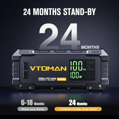 VTOMAN V10 Max Portable Jump Starter with 100W Bi-Directional Fast Charger | Car Battery Jumper Starter Portable (All Gas&12L Diesel), 12V Auto Jump Box Booster Pack, 3.2" Display, Pickup Trucks & Suvs - color: black