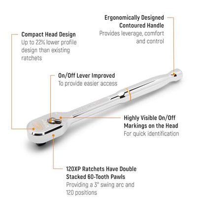 GEARWRENCH 3/8" Drive 120XP Full Polish Chrome Flex Head Teardrop Ratchet | 81215XP - style: Flex Head