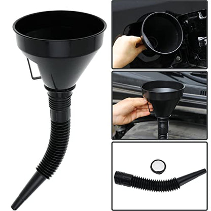 Wide Mouth Oil Funnel with Flexible Extension Nozzle Hose with Handle Mesh Screen Filter for Cars Motorcycles Engine Oil Kerosene Gasoline Gas Fuel Diesel Water Fluid Coolant Liquid