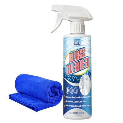 Instant Shine Bathroom Glass Cleaner with Microfiber Towel – Removes Hard Water Limescale & Soap Scum on Shower Doors, Tiles & Mirrors – Streak-Free Fast Drying (200ml)