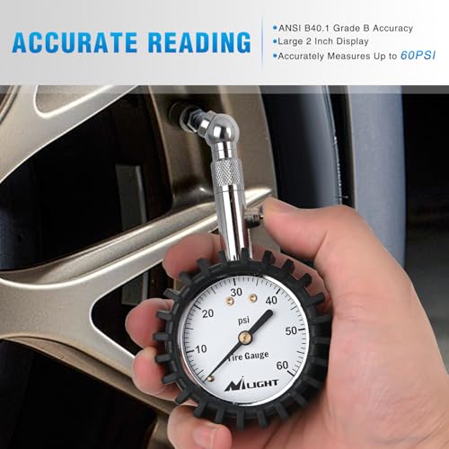 Nilight Tire Pressure Gauge 60PSI Heavy Duty Stainless Steel Air Chucks ANSI B40.1 Certified Large 2" Dial Wheel Service Checker for Truck Semi Truck ATV Motorhome Cars & RV Accessories - color: 60psi Tire Gauge
