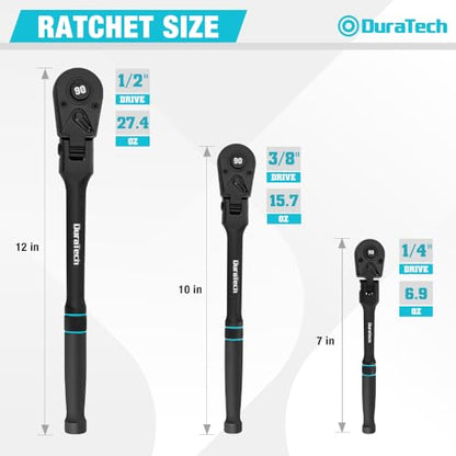 DURATECH 3-Piece Flex-Head Drive Ratchet Handle, 1/4", 3/8", 1/2" 90-Tooth Quick-Release Ratchet Wrench with 180° Pivoting Head & 7-Position Setting, Reversible, CR-V Made, Black Mn Phosphate Finish - size: Combo Kit(Black)