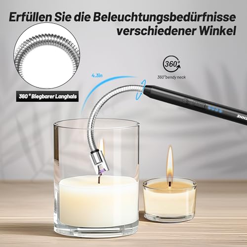 VEHHE Electric Lighter with 360° Flexible Neck, Flameless Windproof Long Candle Lighter with Led Battery Display, USB C Rechargeable with Hanging Hook for Gifts BBQ Fireworks (Black) - color: Black