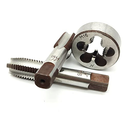AtticZone M16 x 2.0 Metric Hand Thread Tap and Die Set, Right Hand 16 * 2.0, Alloy Tool Steel, 1 Taper Tap, 1 Plug Tap, 1 Round Die for Metal Working DIY Industrial - size: M16x2.0