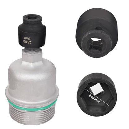 Aluminum Oil Filter Housing Cap with Filter Assembly & 24mm Wrench Socket Fits 2014-2023 Chrysler, Dodge, Jeep, Ram 3.6L V6 Engines Replaces Parts# 917-190, 68191350AA