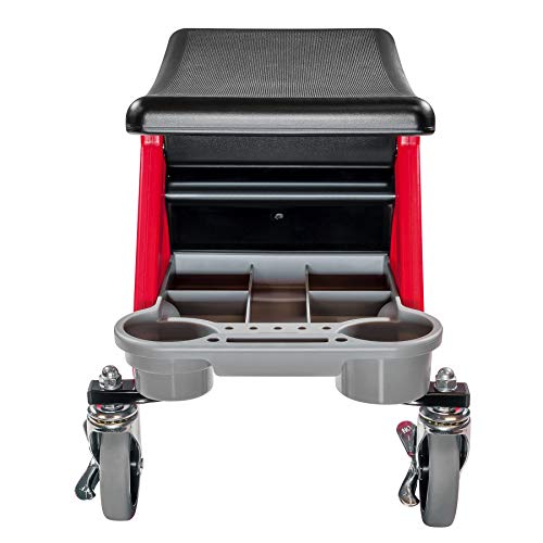 Powerbuilt Heavy Duty Roller Mechanics Seat and Brake Stool with 4-in. Rubber Swivel Casters Roll Over Anything, Big Seating Platform, Slide Out Tool Trays and Drawer 300 lb. Capacity – 240036 - style: Industrial