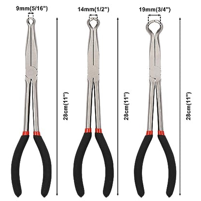 CASOMAN 3Pcs 11" Hose Gripper Plier Set, Black & Red, 5/16-Inch, 1/2-Inch, 3/4-Inch Dia, Offset Spark Plug Boot Removal Pliers Serrated Jaws for Hard to Reach Narrow Spaces - style: 3PCS