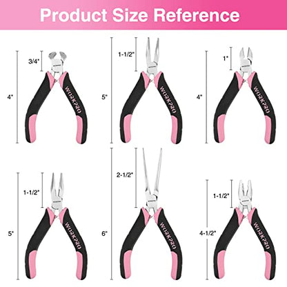 WORKPRO 6-Piece Mini Pliers Set | Needle Nose, Long Nose, Bent Nose, Diagonal, End Cutting and Linesman for Crafts Work, Electronic Repair, with Pouch - color: Pink