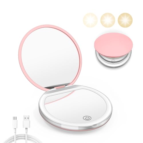 Kakuje Compact Mirror with Light, 1X/3X Magnification LED Pocket Mirror with USB Data Cable,Mini Mirror for Purse, Pocket,Travel and Present (Pink) - color: Pink