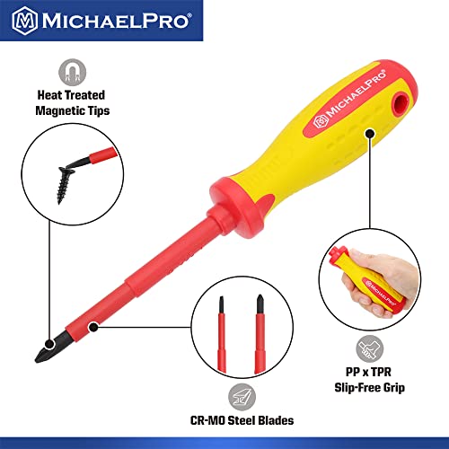 MichaelPro 2-Piece 1000V VDE Insulated Screwdriver Set, Electrician Tools, Slotted and Phillips Screwdrivers with Magnetic Tips, CR-MO Steel, 10,000V Tested and Certified for Electrician Safety - size: 2-Piece Phillips and Slotted Screwdrivers