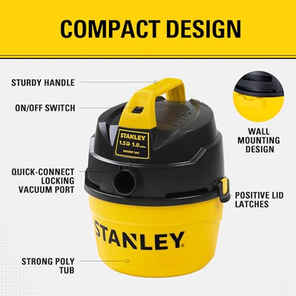 STANLEY Shop Vacuum Wet and Dry, 1 Gallon 1.5 Peak HP Small Wet Dry Vac with 60CFM Powerful Suction, Portable Wall Mount Vacuum Cleaners for Home, Car, Garage and DIY Workshop, SL18101P-1H - size: 1 Gallon, 1.5 HP, 52" Sealed Pressure