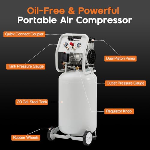 Albott 20 Gallon Electric Air Compressor, 1.8 HP Vertical Wheeled Tank | Oil-Free Air Compressor with Copper Motor 120 PSI Max Garage Air Supply Pneumatic Tool Tire Inflation Use - style: 20 Gal