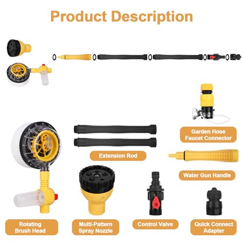 Rotating Car Wash Brush with Hose Attachment, Car Wash Brush with Long Handle & Soap Dispenser, Water-Powered 360° Spin Wash Brush Kit with Spray Gun & 5-Pattern Nozzle for Cars, RVs, Trucks