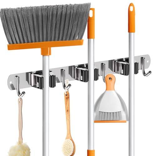 ZONGOOL Mop Broom Holder Wall Mount, Broom Organizer Mop and Broom Storage Tool Racks Stainless Steel Wall Hanger for Home Kitchen Garden Laundry Garage (3 Racks with 4 Hooks, Silver) - color: Silver, size: 1Pack 3R4H