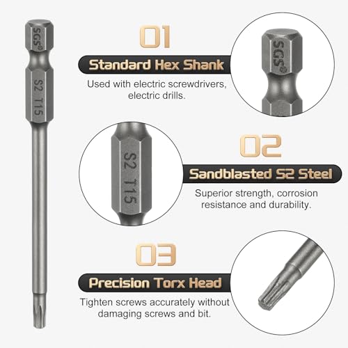 HARFINGTON 5pcs T15 Torx Head Screwdriver Bit 1/4" Hex Shank 3.15" (80mm) Long Magnetic No Hole Tip Tamper Proof 6 Point Star Screw Driver Drill Bits S2 Steel Industrial Power Screwdrivers - size: T15 x 3.15"(80mm)