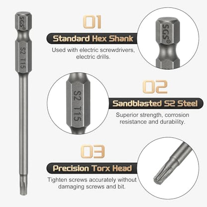 HARFINGTON 5pcs T15 Torx Head Screwdriver Bit 1/4" Hex Shank 3.15" (80mm) Long Magnetic No Hole Tip Tamper Proof 6 Point Star Screw Driver Drill Bits S2 Steel Industrial Power Screwdrivers - size: T15 x 3.15"(80mm)