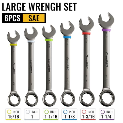 GRENPRO 15/16"-1-1/4" Large SAE Wrench Set, Combination Open End Wrench Set | Color Rings, Roll Up Pouch, Nickel Rust-Proof Coating, CRV Steel, Free Gauge for Quick Size Matching - style: SAE Nickel Wrench Set Large