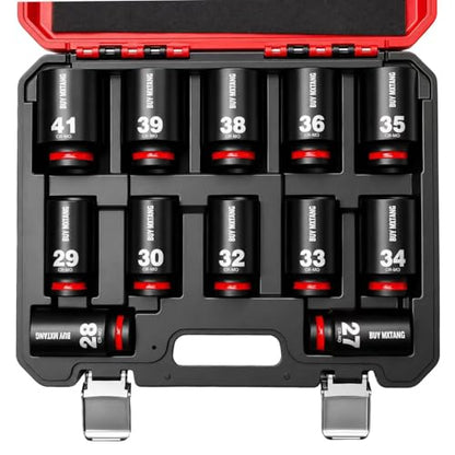 12 PCS 1/2''Drive Deep Impact Socket Set,Extended Socket Set, 6-Point Metric Size 27mm, 28mm, 29mm, 30mm, 32mm, 33mm, 34mm, 35mm, 36mm, 38mm, 39mm, 41mm Socket, Cr-Mo Steel,Heavy Duty Socket Set - size: 1/2 12PCS Socket Set Metric