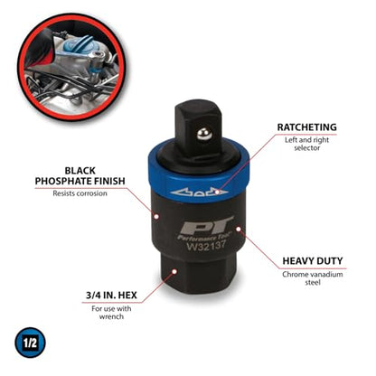 Performance Tool W32137 1/2-Inch Drive Ratcheting Breaker Bar Adapter - Converts Breaker Bar or Sliding T-Handle into Ratchet - Reversible Ratcheting Mechanism with Anodized Switch Collar - style: 1/2" DR Ratcheting Adapter