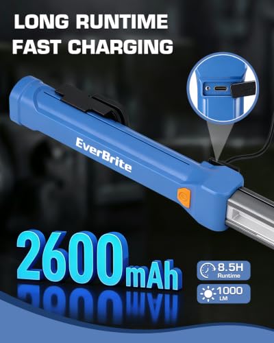 EverBrite 1000LM Magnetic Work Light, Rechargeable LED Mechanic Light with Dual Magnetic Bases & 360° Hanging Hooks, 4 Modes Under Hood Work Light for Car Repair, Garage, Emergency, 1 Pack Blue - color: Blue