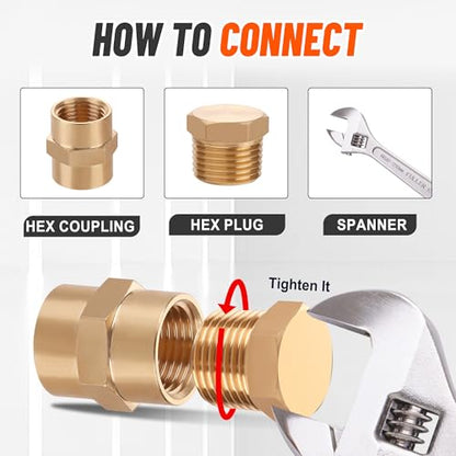 24 PCS Brass Hex Pipe Plug Fittings Kits,Brass Plugs Fitting Assortment Kit 1/8" 1/4" 3/8" 1/2" NTP Plugs Male Threaded - size: Hex Plug