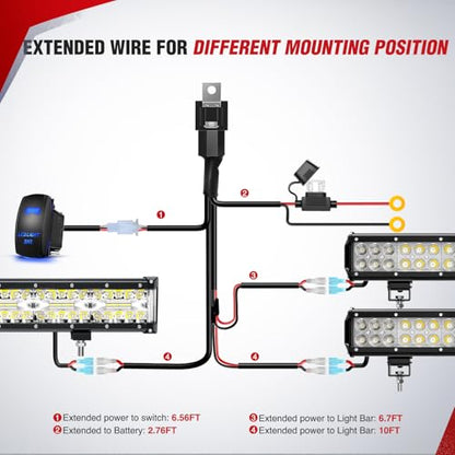 Nilight 14AWG LED Light Bar Wiring Harness Kit 12V On Off 5Pin Rocker Switch Laser Waterproof Toggle Switches Power Relay Blade Fuse for Work Lights Cars Boat ATV Trucks-3 Leads, Bule - color: 14AWG Wiring Harness -3 Leads