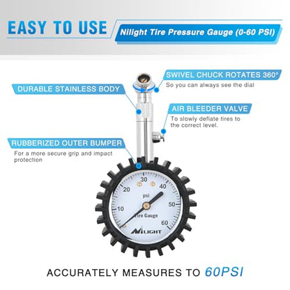 Nilight Tire Pressure Gauge 60PSI Heavy Duty Stainless Steel Air Chucks ANSI B40.1 Certified Large 2" Dial Wheel Service Checker for Truck Semi Truck ATV Motorhome Cars & RV Accessories - color: 60psi Tire Gauge