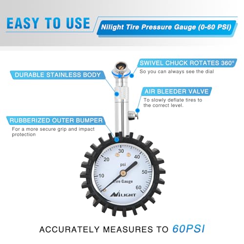 Nilight Tire Pressure Gauge 60PSI Heavy Duty Stainless Steel Air Chucks ANSI B40.1 Certified Large 2" Dial Wheel Service Checker for Truck Semi Truck ATV Motorhome Cars & RV Accessories - color: 60psi Tire Gauge
