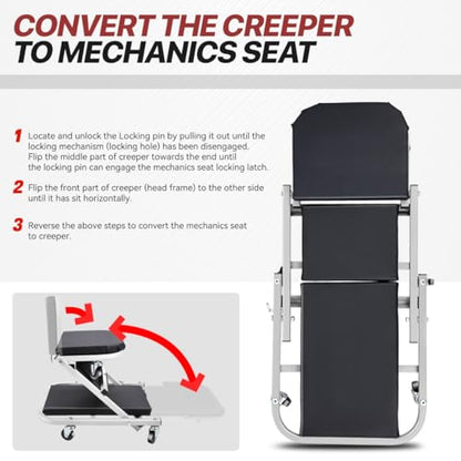 Foldable Rolling 2-in-1 Z Creeper & Seat, 36" Low-Profile Roller Mechanics Under Car Chair 330 LBS Weight Capacity Garage Roller Creeper with 6 Swivel Casters - color: Silver/Black, size: 35.2"L x 16.33"W x 3.54"H
