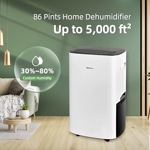 Shinco 86 Pints Dehumidifier for Home and Basements, 5000 Sq.Ft Dehumidifiers with Drain Hose, Auto or Manual Drainage, Auto Defrost, Quietly Remove Moisture, Intelligent Humidity Control, 24HR Timer - color: White