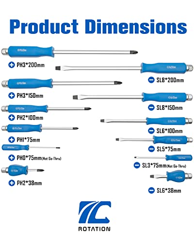 ROTATION 12pc Magnetic Go-Thru Screwdriver Set, 6 Phillips and 6 Flat | For Fastening, Chiseling and Loosening Seized Screws, Multi-Purpose, Budget Set - style: Black Tip_Black Case
