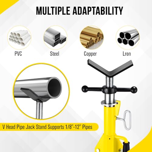 2PCS V Head Pipe Jack Stand, Folding Portable Pipe Stands for 1/8 to 12 Inch Pipes Supporting, 2500LB Load, 28''-52'h Adjustable - color: yellow
