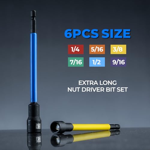 toolant Extra Long Nut Driver Bit Set, 6PCS SAE/Metric Magnetic Nut Driver Set 1/4''~9/16'' Nut Driver, 1/4'' Quick Change - style: 6pcs Extra Long
