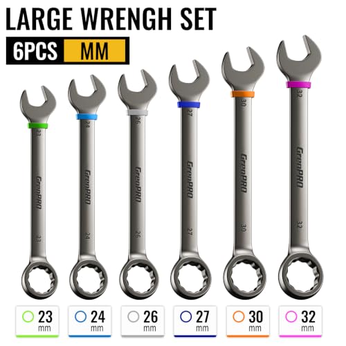 GRENPRO 23-32MM Large Metric Wrench Set, Combination Open End Wrench Sets | Color Rings, Roll Up Pouch, CRV Steel, Nickel Rust-Proof Coating, Free Gauge for Quick Size Matching - style: Metric Nickel Wrench Set Large