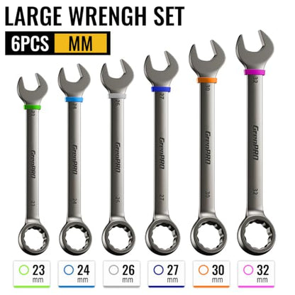 GRENPRO 23-32MM Large Metric Wrench Set, Combination Open End Wrench Sets | Color Rings, Roll Up Pouch, CRV Steel, Nickel Rust-Proof Coating, Free Gauge for Quick Size Matching - style: Metric Nickel Wrench Set Large