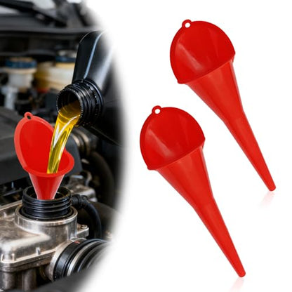 2 Pieces Automotive Plastic Oil Funnels with Long Neck Multi-Function No Spill Design for Gas Coolant Transmission Fluid Engine Oils Fuel Lubricants and Diesel (Red) - color: red