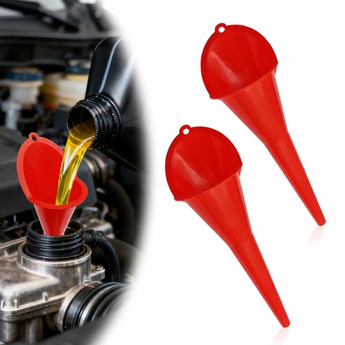 2 Pieces Automotive Plastic Oil Funnels with Long Neck Multi-Function No Spill Design for Gas Coolant Transmission Fluid Engine Oils Fuel Lubricants and Diesel (Red) - color: red