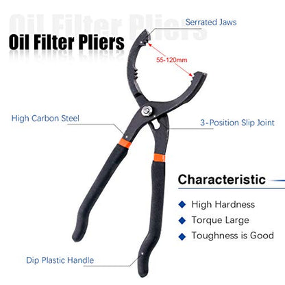 Glarks Universal Oil Filter Wrench Set, A 12-Inch Long Handle Grip Pliers with A 3 Jaw 2-Way Remover Tool, Adjustable Oil Filter Wrench for Car, Motorcycle and Trucks Use