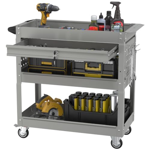 3 Tier Rolling Cart, Heavy Duty Utility Industrial Service Carts on Wheels, Metal Tool Cart with Locked Drawers, Ideal for Garage, Warehouse and Repair Shop (Grey) - color: Gray