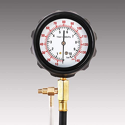 YSTOOL Fuel Pressure Tester Engine Injector Pump Test Gauge Kit 140PSI | Automotive Gasoline Gas Injection Manometer Tool Set with Inline Fitting Schrader Adapter for Auto Car Motorcycle Red Case