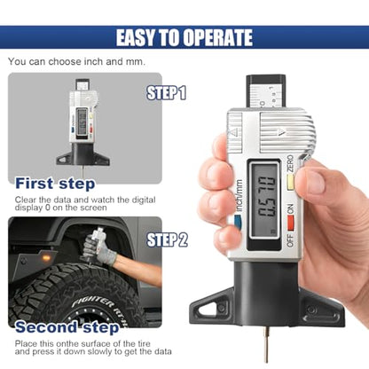 Digital Tire Tread Depth Gauge, Portable 0.01mm Resolution Vehicle Tire Wear Checker with LCD Display & Inch/MM Conversion, Universal Auto Measuring Tool for Car Truck Tires (Silver) - color: Silver