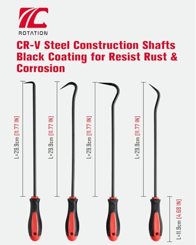 ROTATION 4-Piece Heavy-Duty Long Hook & Pick Set, Automotive Hose Removal Tools for Vehicle Radiator and Coolant Hose, Clamp, and More