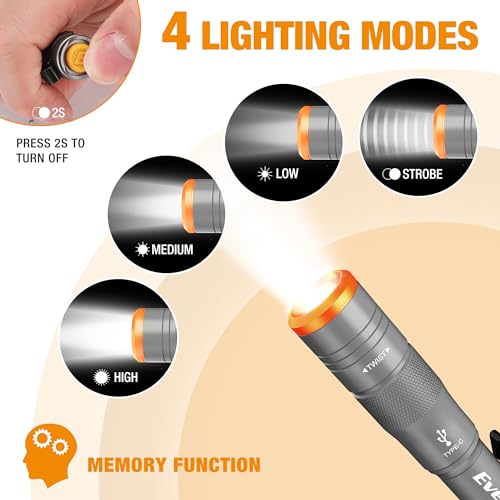 EverBrite Mini Pen Light, Rechargeable Pocket Pen Flashlight with USB C Cable, 4 Light Modes, 300 Lumens Small Flashlight with Clip for Inspection, Repair, Outdoors, Emergency, Gunmetal Grey - color: Gunmetal grey