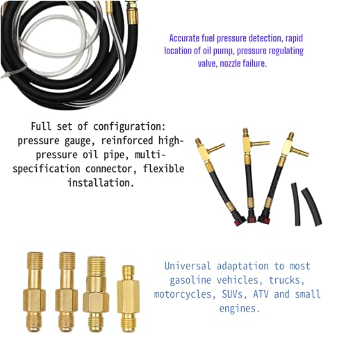 Fuel Injection Pressure Tester Kit 0-140 PSI, Pro Fuel Pressure Gauge with 3 Sizes Fuel Line Fittings (6.30mm/7.89mm/9.49mm) for Car, Truck, Motorcycle