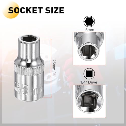 HARFINGTON Deep 6-Point Impact Socket 1/4" Drive 5mm Metric Socket 25mm (1") Long with 1/4" Hex Shank Adapter, CR-V Steel Socket Adapter Accessory Tool Set Kit for Hex Bolts Nuts - size: 5mm x 25mm